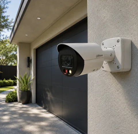 White CCTV bullet camera mounted beside a modern garage door at a Helderberg home.