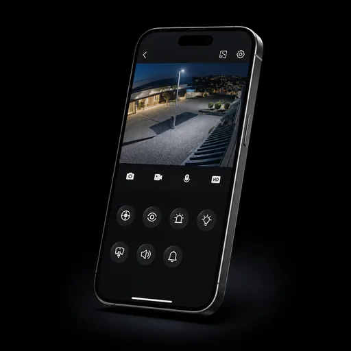 Smartphone displaying live CCTV remote viewing and active deterrence controls.