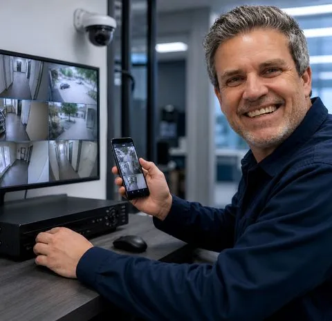 cctv-remote-viewing-support-contact-us CCTV technician assisting with remote camera viewing on a smartphone beside a security monitor and