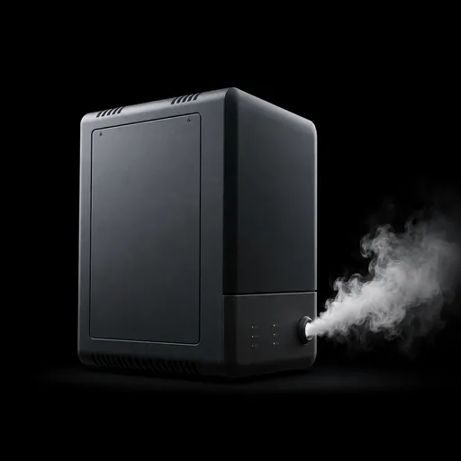 Security fog generator releasing dense fog to stop burglars during a break-in.